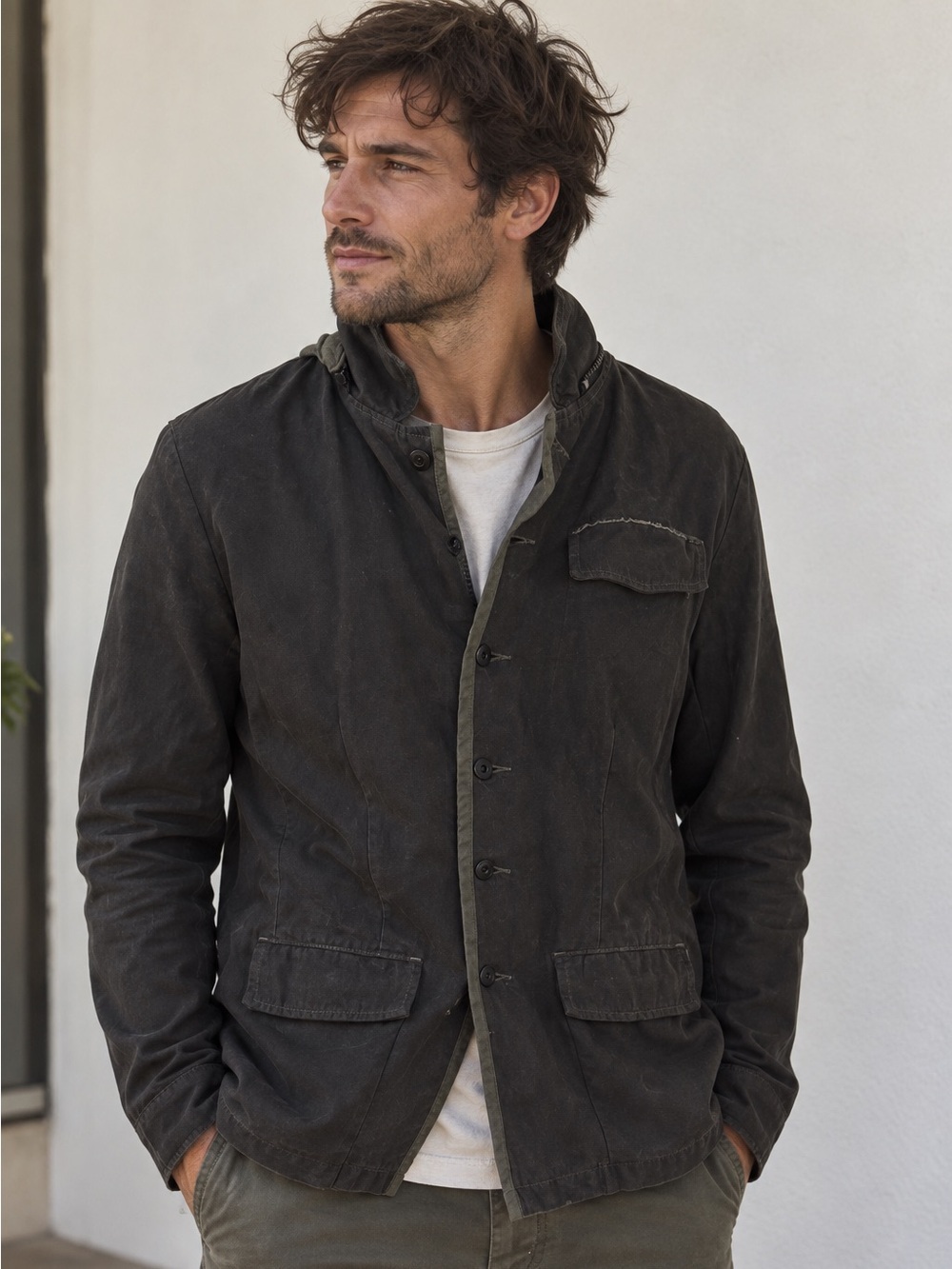 Nice Collective sz L Men's Charcoal Grey cotton Jacket removable hood button up